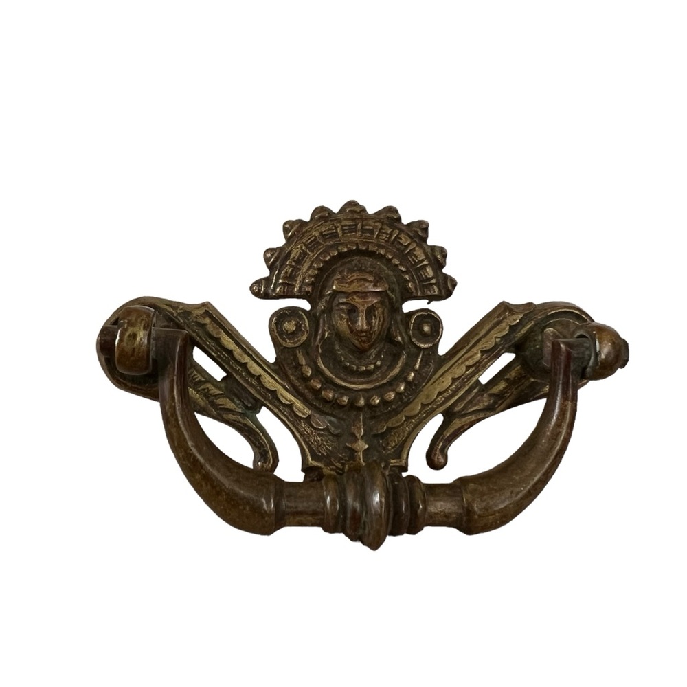 VTG brass mold Aztec Mayan Incan gold drawer pull gold face unique home accent